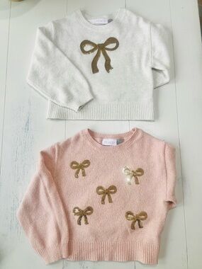 🎀 The Children's Place White & Pink Sweater Duo with Gold Bow Appliqués